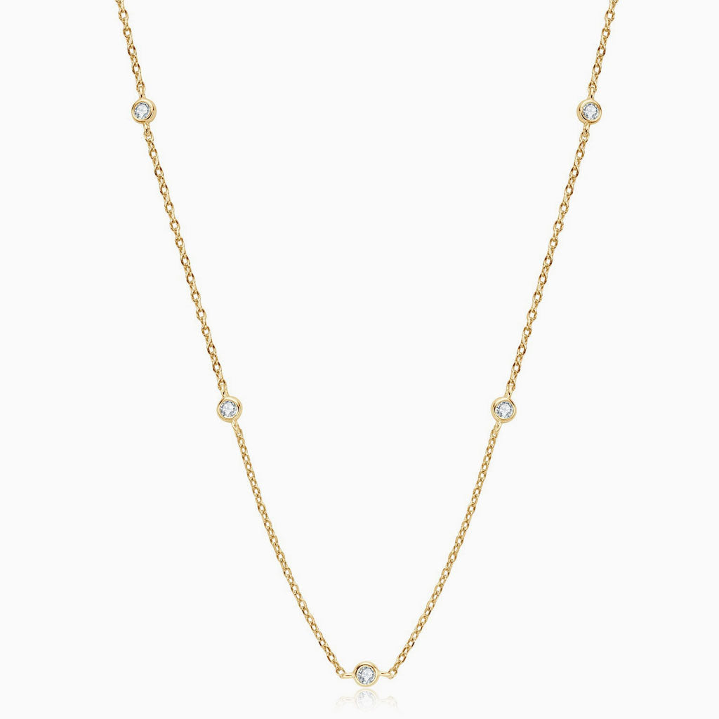 Rhodium Plated Moissanite Droplet Station Necklace with Rolo Chain in Sterling Silver