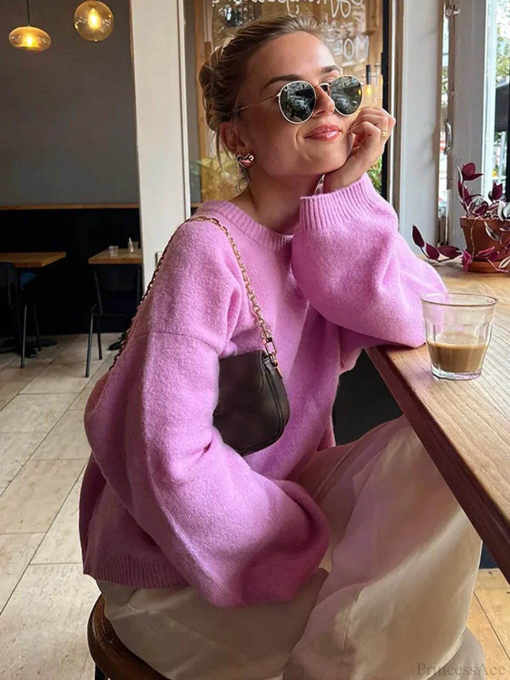 Rose Pink O - neck Lantern Sleeve Sweater