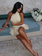 Beige Round Neck Lace-up Mini Dress