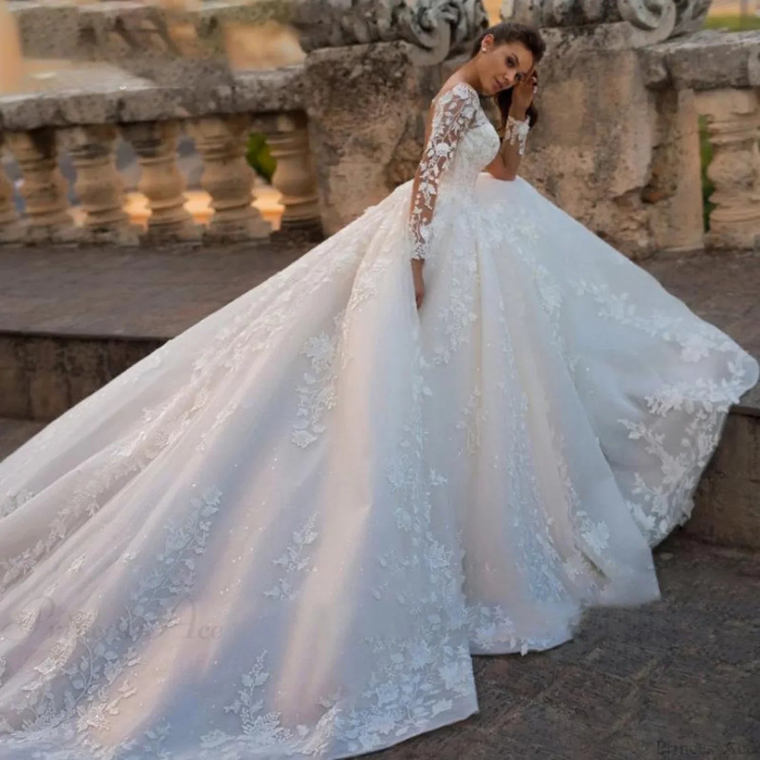 Round Neck Long Sleeve Sheer Wedding Dress