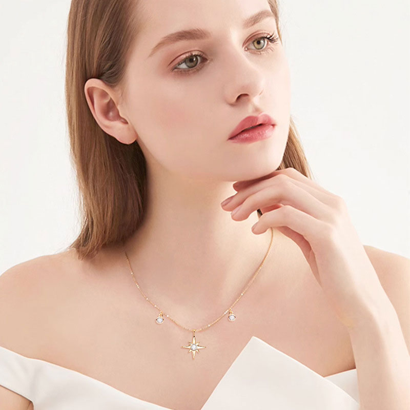 Rolo Chain Moissanite Starburst Pendant Necklace in Sterling Silver