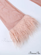 Round Splicing Neck Furry Hollow Mesh Glitter Arm Women's See-through Long Dress