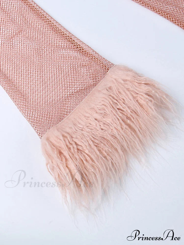 Round Splicing Neck Furry Hollow Mesh Glitter Arm Women's See-through Long Dress