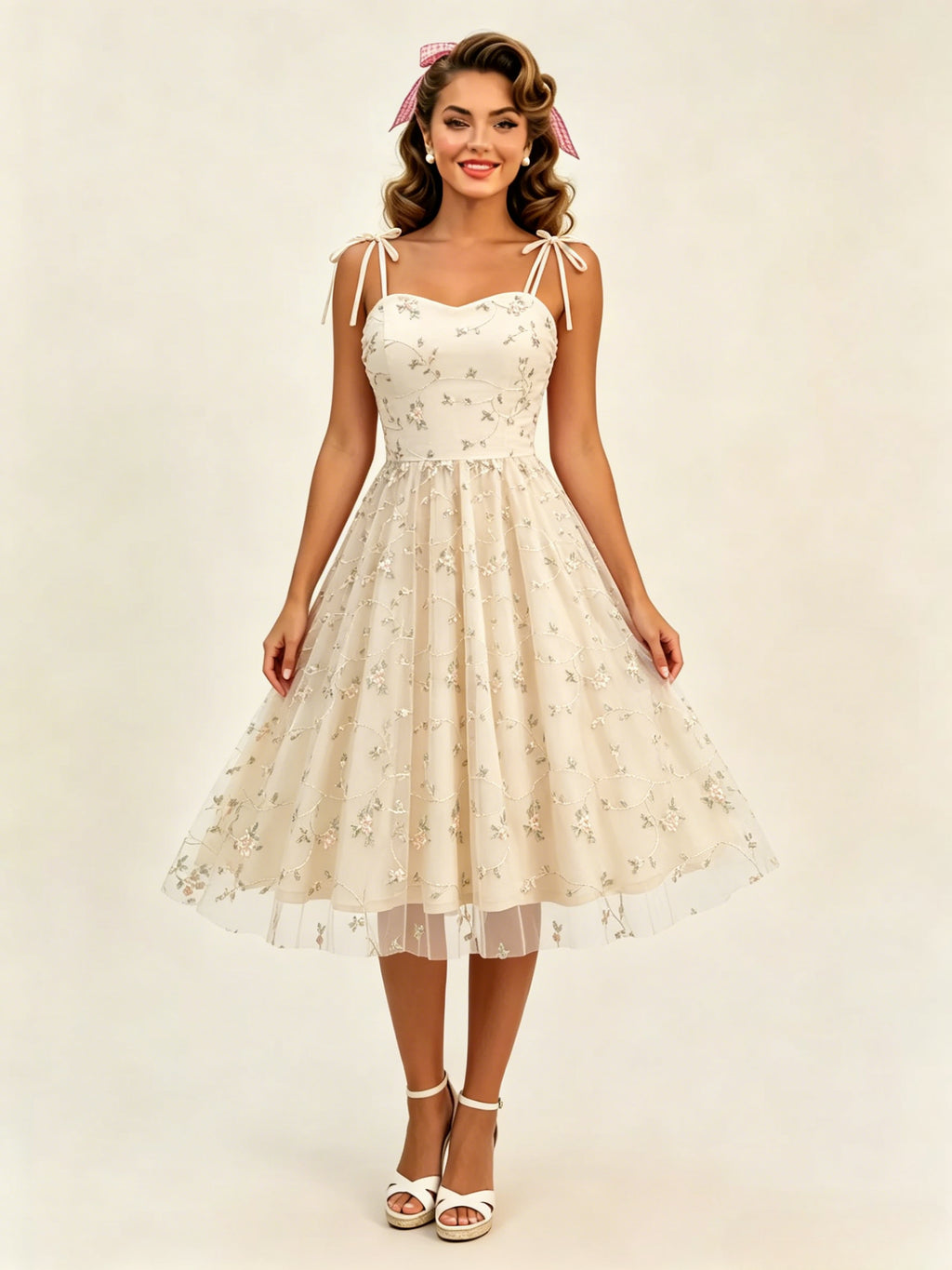 Vintage 1950s Floral Prom Dress For Women - Embroidery Mesh Tie-Shoulder A-Line Swing Midi Dress - Summer Cocktail 2026