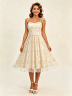 Vintage 1950s Floral Prom Dress For Women - Embroidery Mesh Tie-Shoulder A-Line Swing Midi Dress - Summer Cocktail 2026