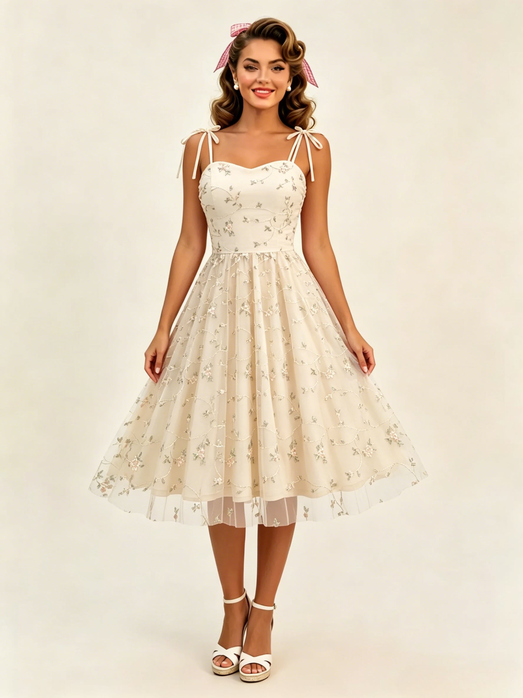 Vintage 1950s Floral Prom Dress For Women - Embroidery Mesh Tie-Shoulder A-Line Swing Midi Dress - Summer Cocktail 2026
