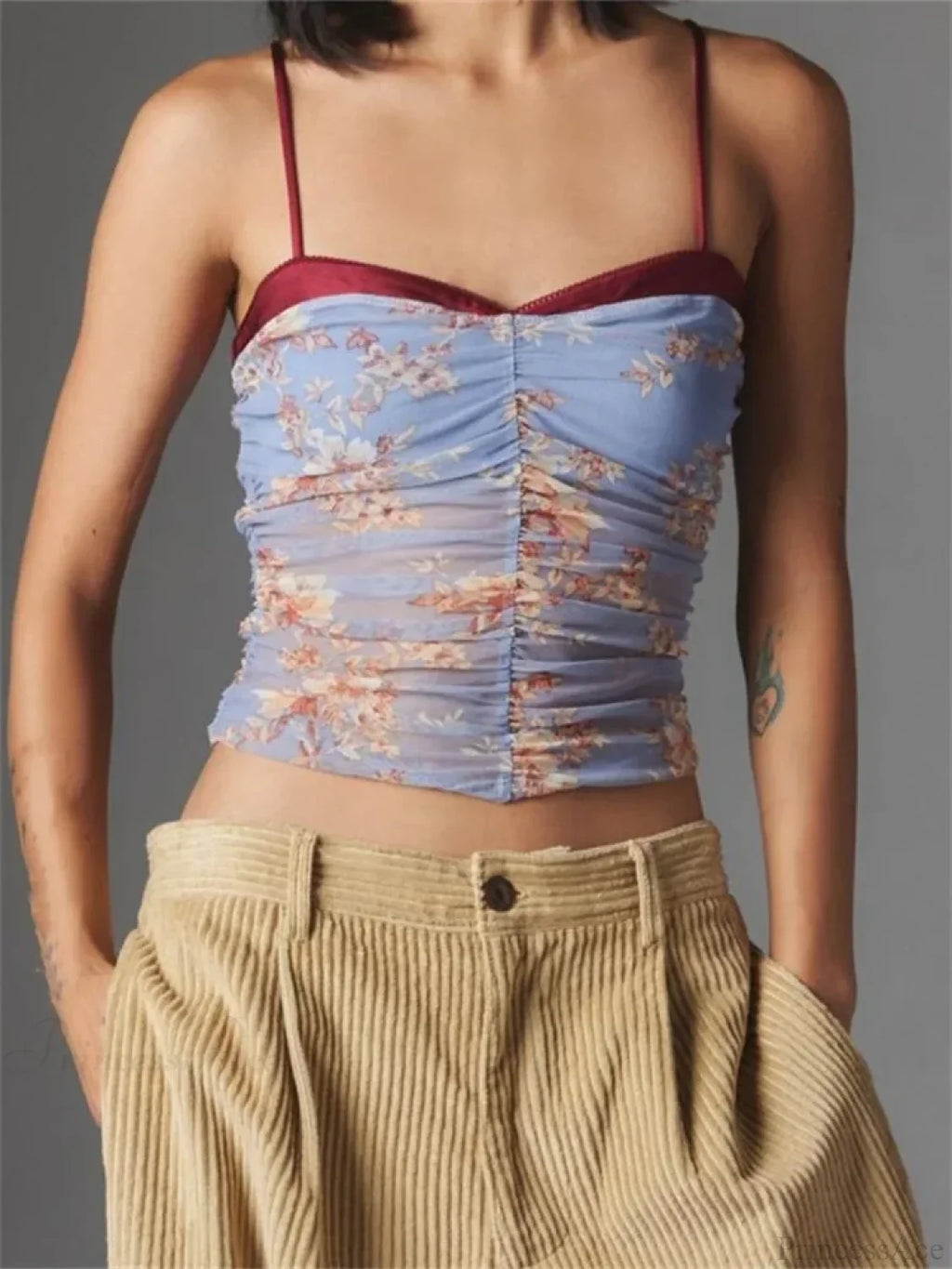 Ruched Floral Leopard Spaghetti Strap Crop Top
