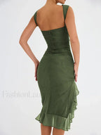 Ruched Irregular Hem Midi Dress