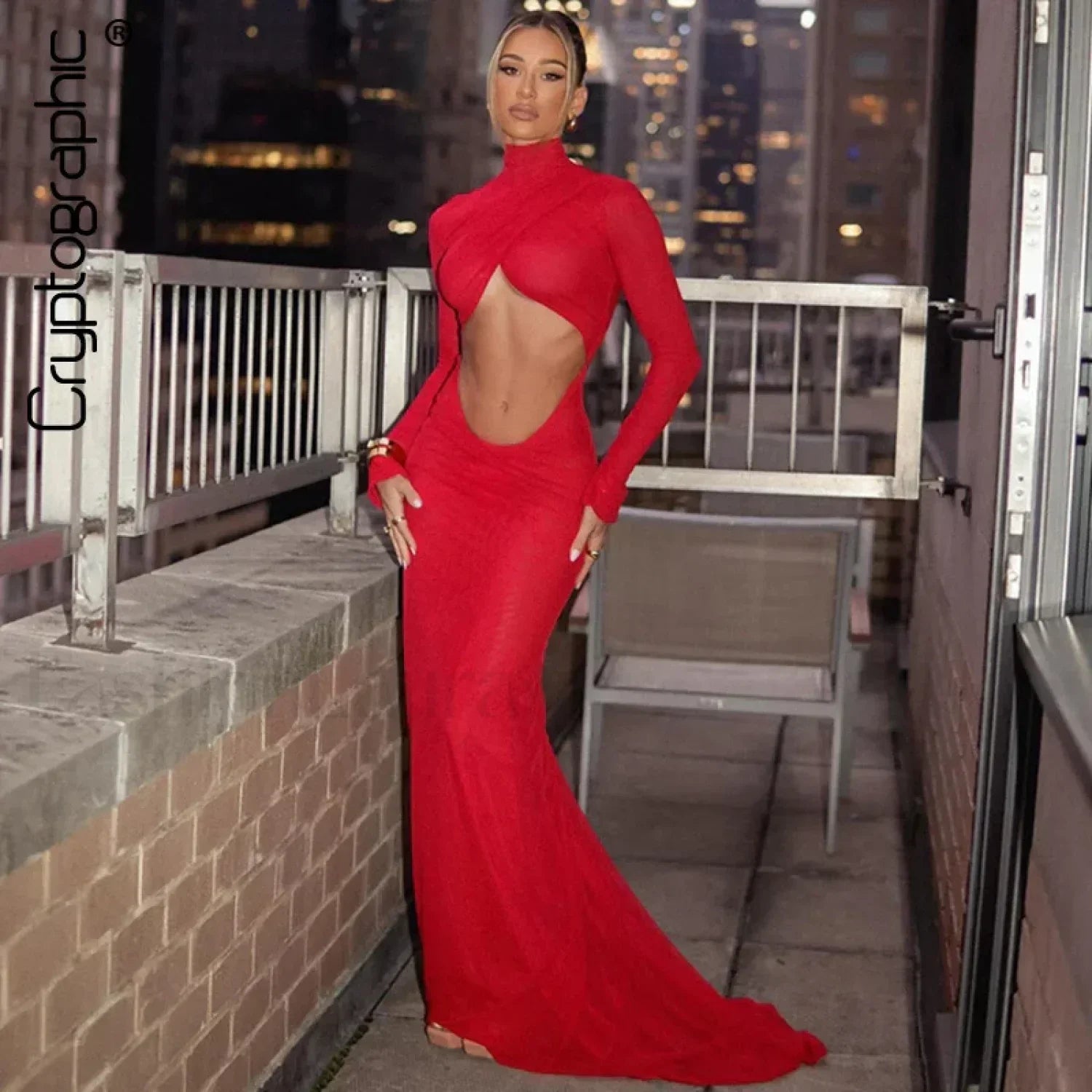 Red Ruched Cutout Maxi Dress