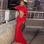 Red Ruched Cutout Maxi Dress