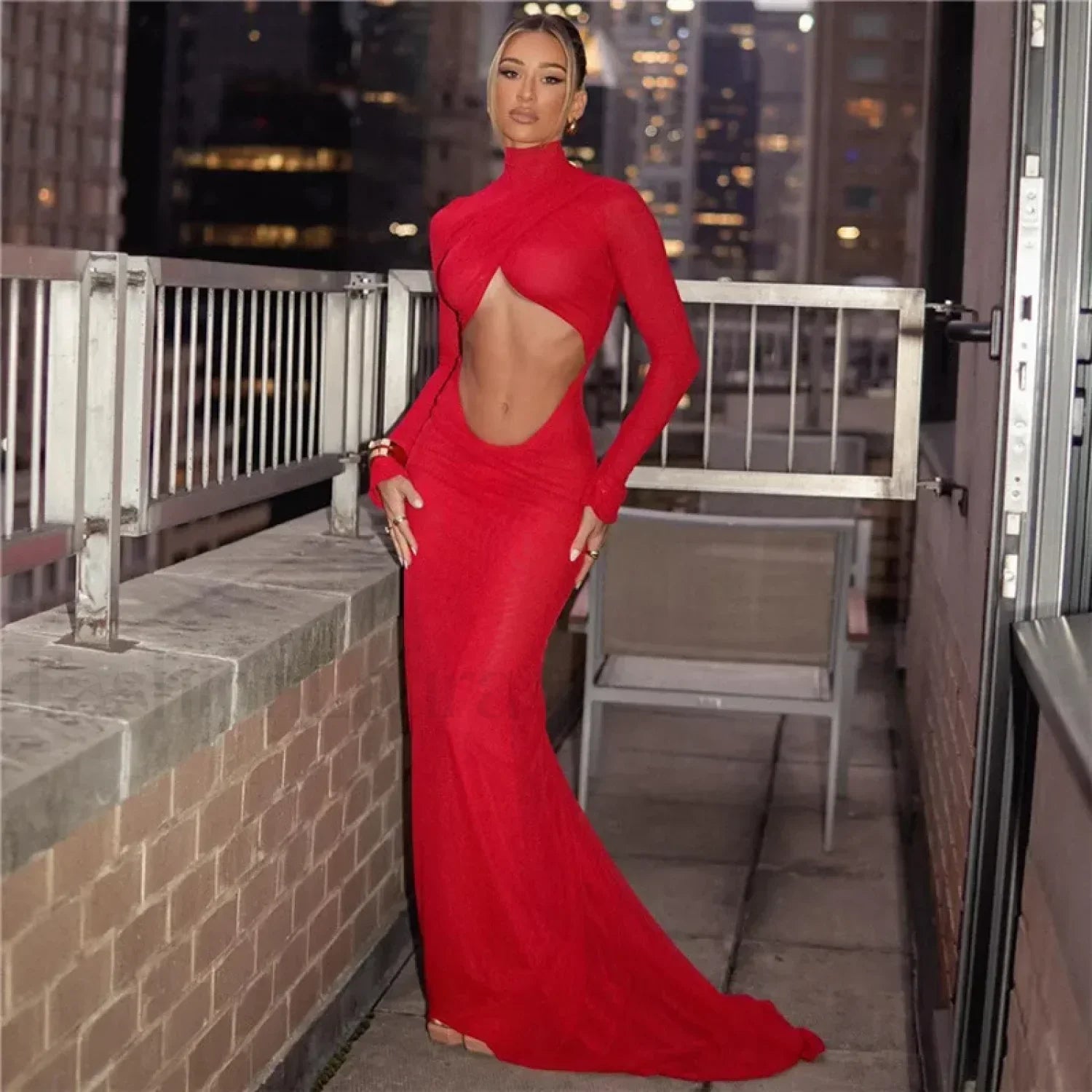 Red Ruched Cutout Maxi Dress