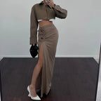 Ruched Split Floral Applique Maxi Skirt