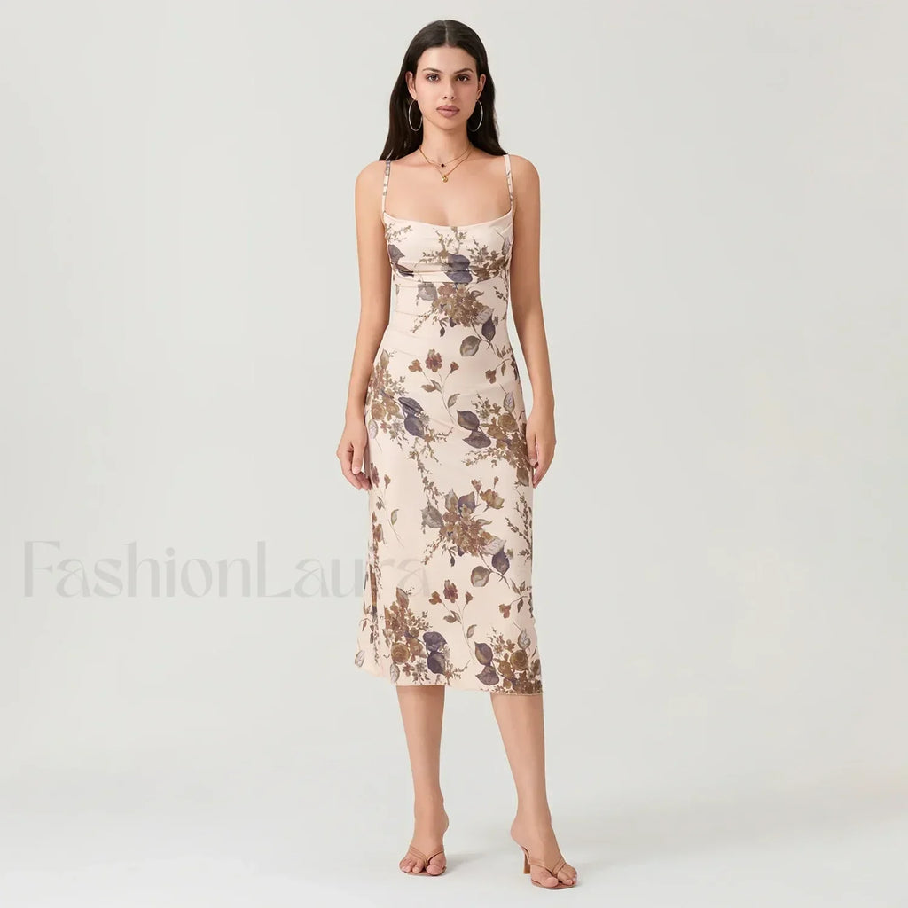 Khaki Ruched Square-neck Midi Dress