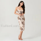 Khaki Ruched Square-neck Midi Dress