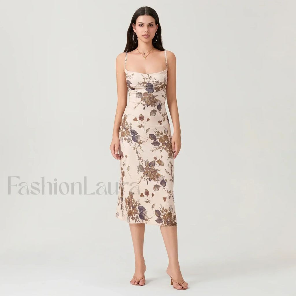 Khaki Ruched Square-neck Midi Dress