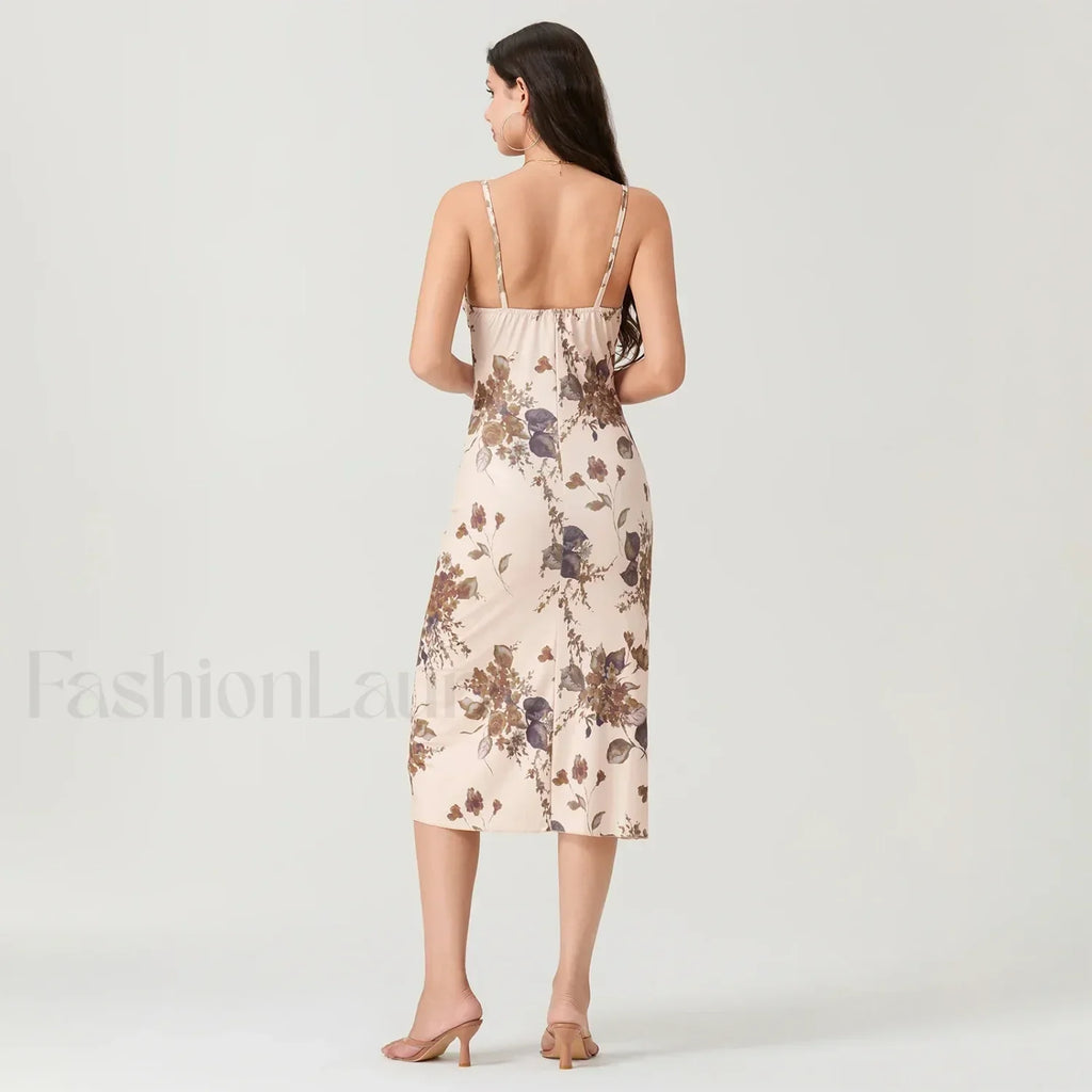 Khaki Ruched Square-neck Midi Dress