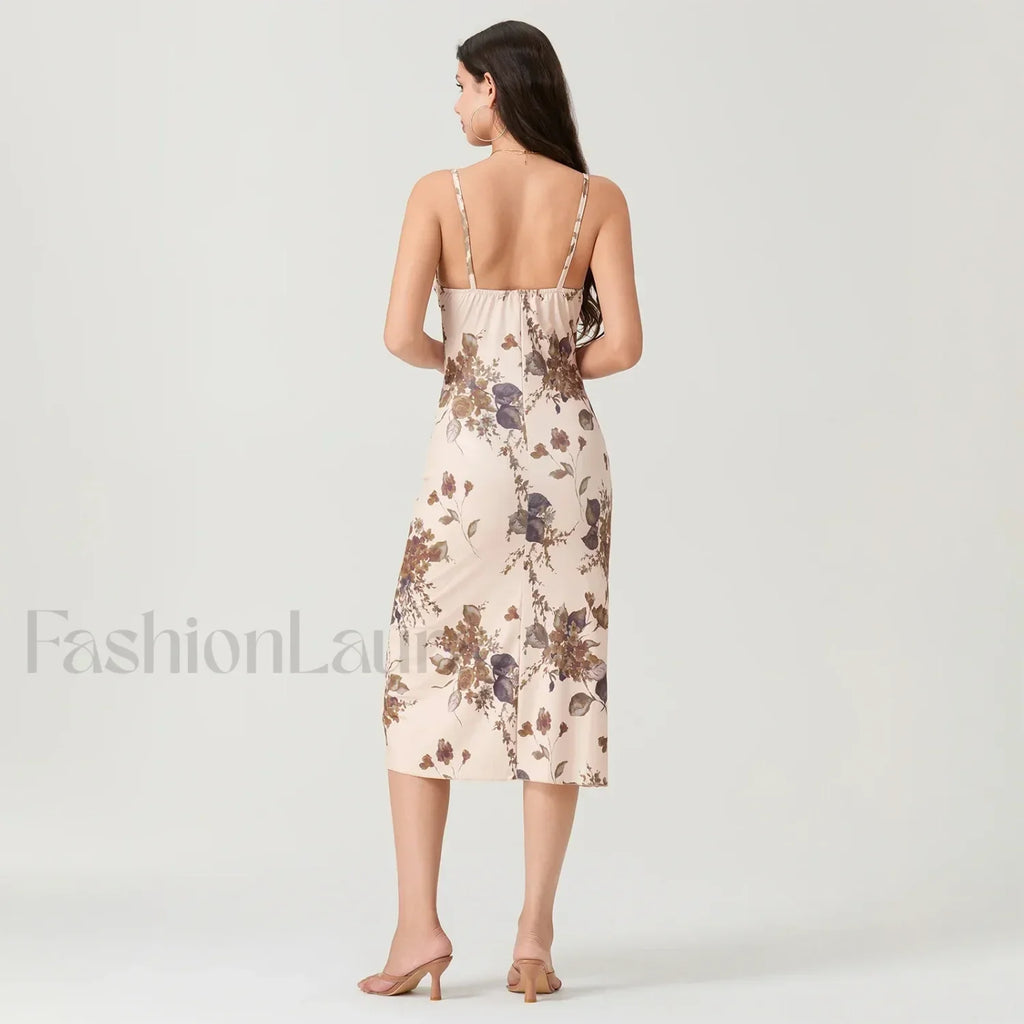 Khaki Ruched Square-neck Midi Dress