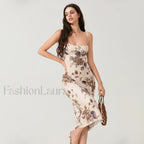 Khaki Ruched Square-neck Midi Dress