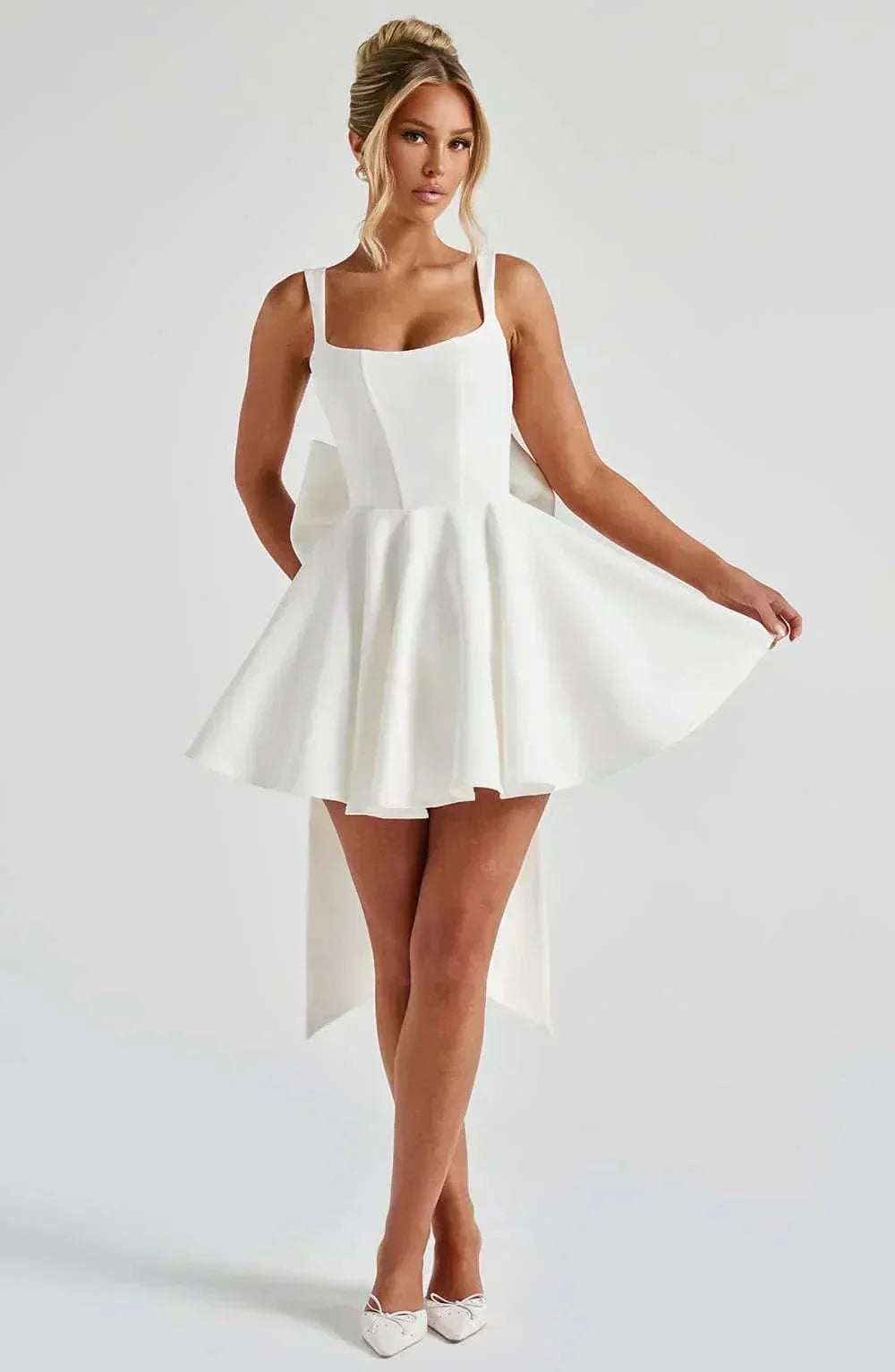Square Neck Sleeveless Fit and Flare Oversized Back Bow Mini Dress