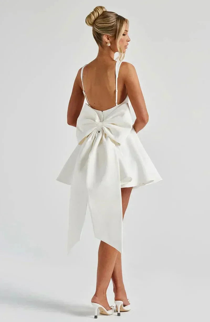 Square Neck Sleeveless Fit and Flare Oversized Back Bow Mini Dress