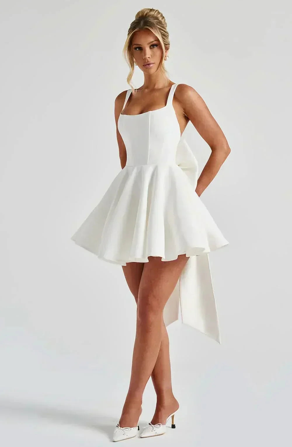 Square Neck Sleeveless Fit and Flare Oversized Back Bow Mini Dress