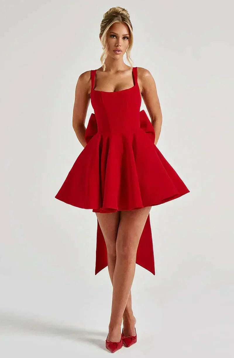 Square Neck Sleeveless Fit and Flare Oversized Back Bow Mini Dress