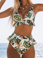 Ruffle Triangle Lace Up Leaf Two Piece Set