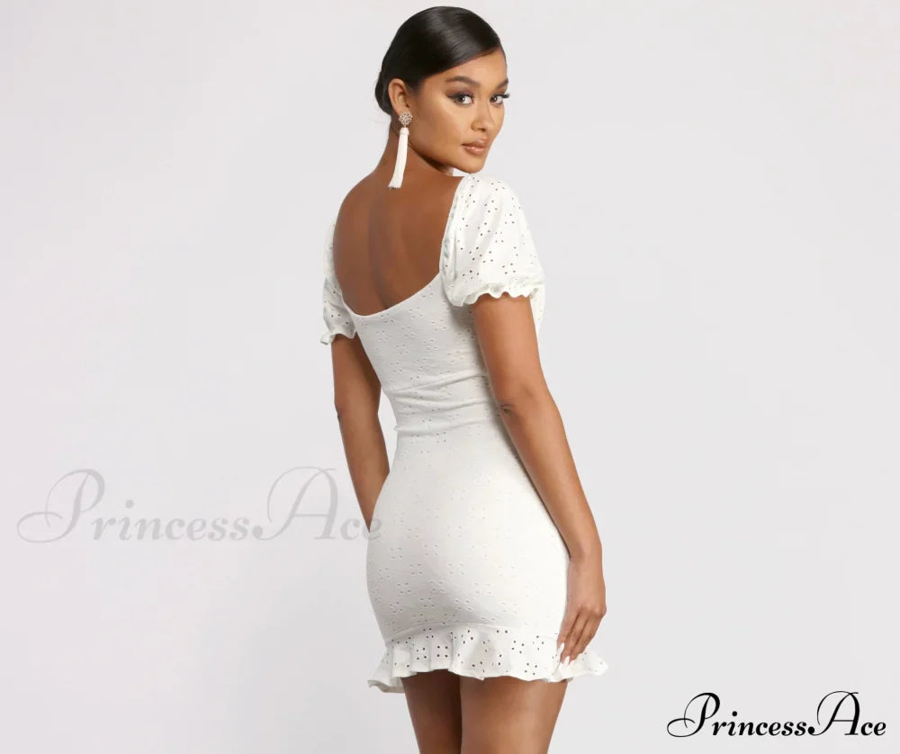 Ruffled Eyelet Puff Charming Sleeve Mini Dress