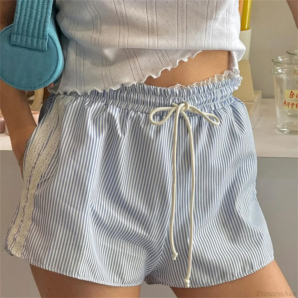 Ruffled Lace Trim Striped Short