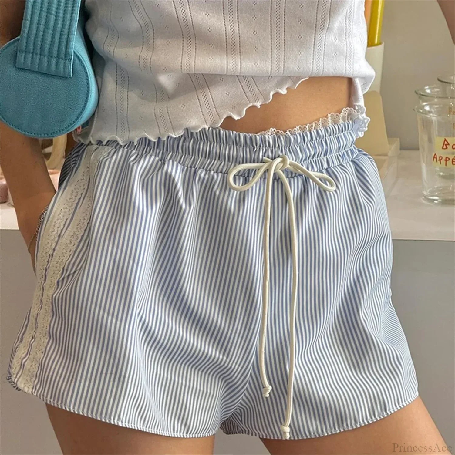Ruffled Lace Trim Striped Short