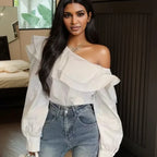 Ruffled Off Shoulder Slim Fit Casual Long Sleeve Blouse