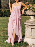 Pink Ruffled Patchwork Chiffon Maxi Dress