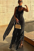 Black Spaghetti Strap Tiered Ruffle Hem Maxi Dress