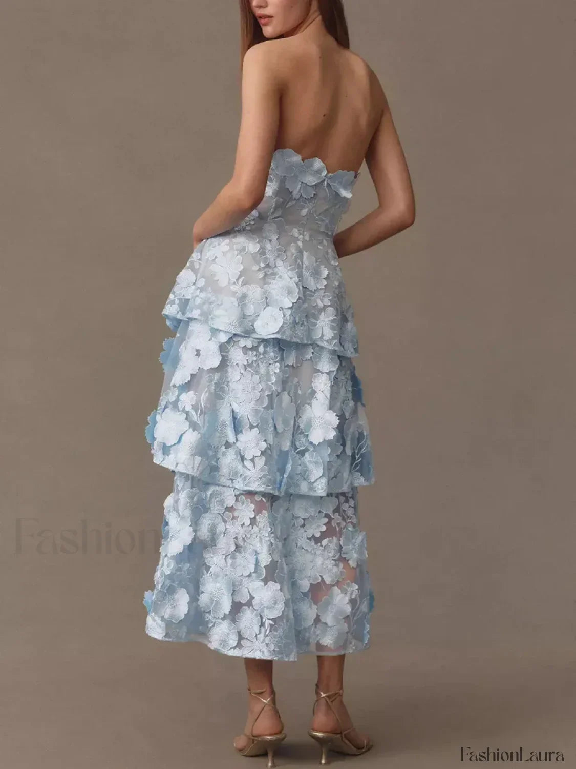 Blue Ruffled Strapless Midi Dress