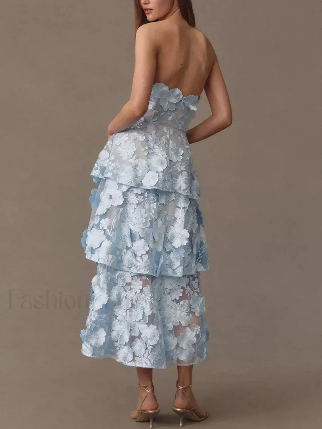 Blue Ruffled Strapless Midi Dress