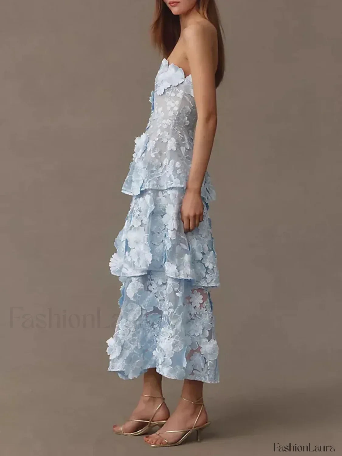 Blue Ruffled Strapless Midi Dress