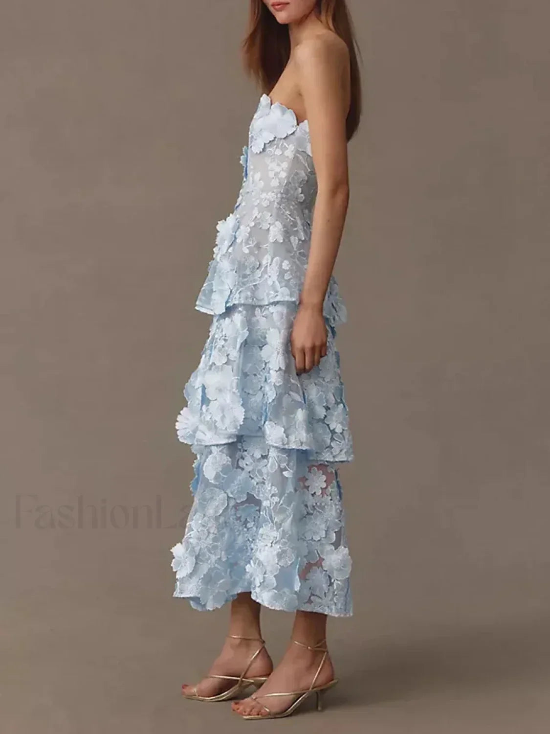 Blue Ruffled Strapless Midi Dress
