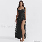 Ruffled Thigh-Split Midi Dress