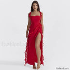 Ruffled Thigh-Split Midi Dress