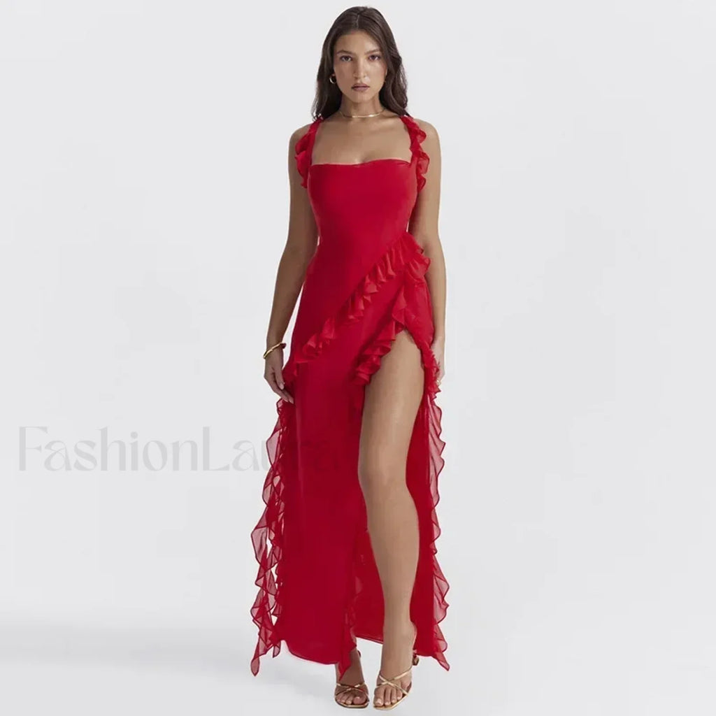 Ruffled Thigh-Split Midi Dress