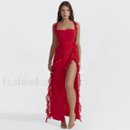 Ruffled Thigh-Split Midi Dress