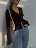 Ruffled Trim Pearl Button Long Sleeve Cardigan