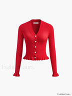 Ruffled Trim Pearl Button Long Sleeve Cardigan