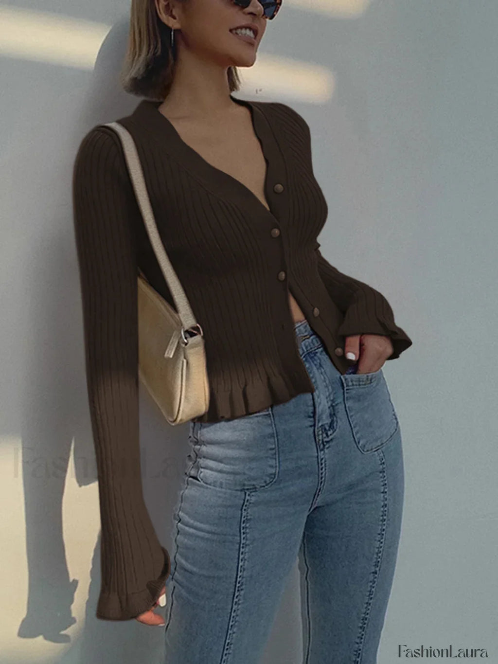 Ruffled Trim Pearl Button Long Sleeve Cardigan
