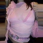 Ruffles Floral Mesh Sheer Chic Elegant See Through Slim Crop Top