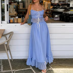 Ruffles Tie-Up Crop Top A-line Maxi Skirt Two Pieces Set