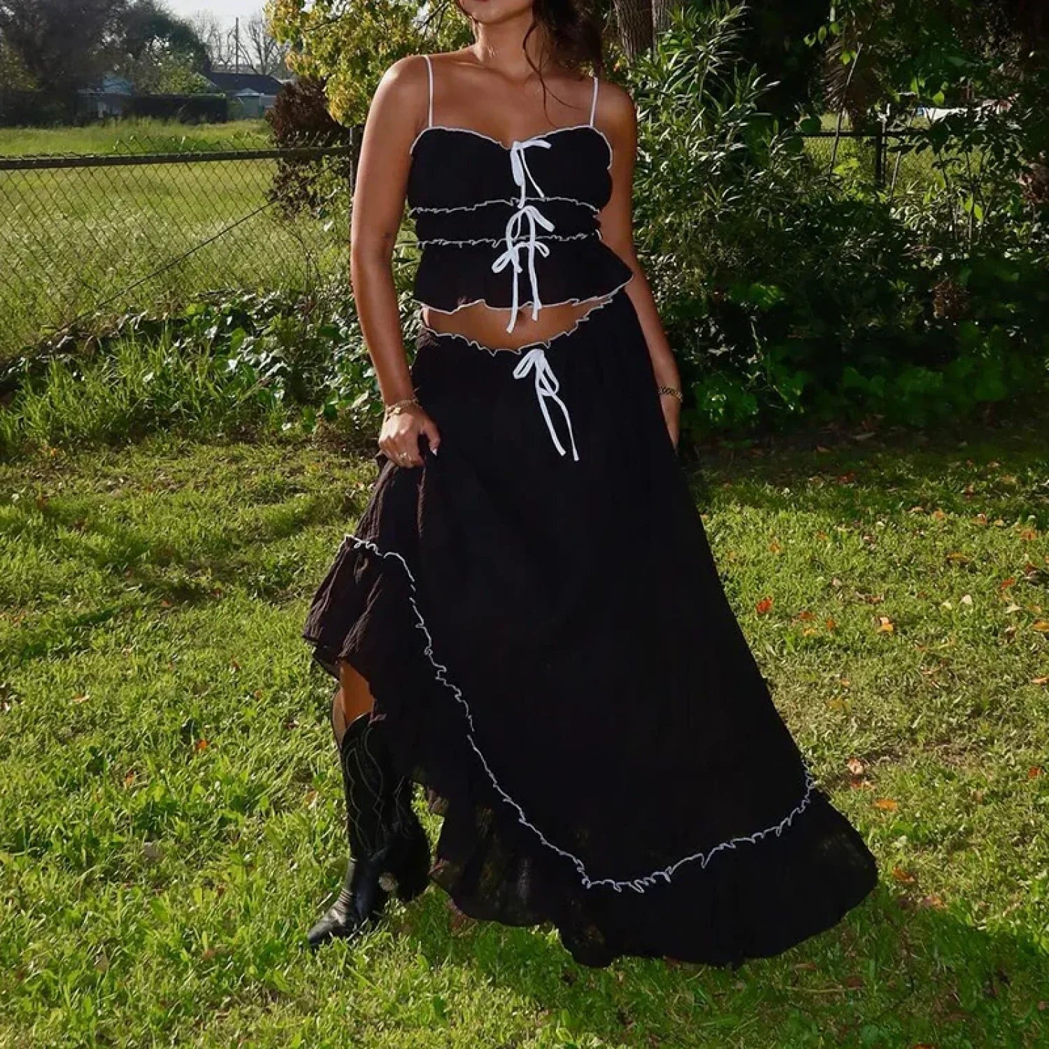 Ruffles Tie-Up Front Camis Crop Top Maxi Skirt Two Pieces Set