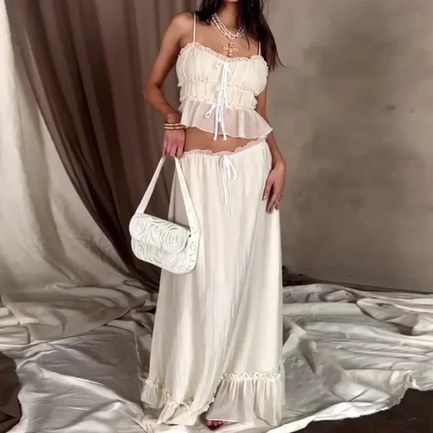 Ruffles Tie-Up Front Camis Crop Top Maxi Skirt Two Pieces Set