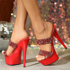 Runway Style Super High Heels Sequined Pvc Summer Party Banquet Big Size Platform High Heel