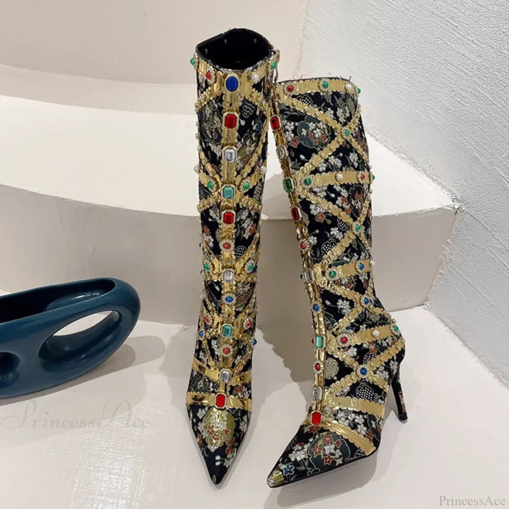 RunwayFashion Color Gem Embroider Pointed Toe Zip Stripper Heels Booties High Heel